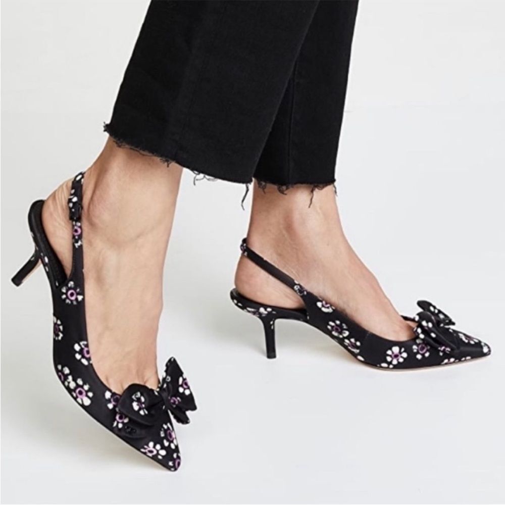 NEW Tory Burch Rosalind Satin Slingback Pumps Size 9.5 Black Shoes Kitten Heel
